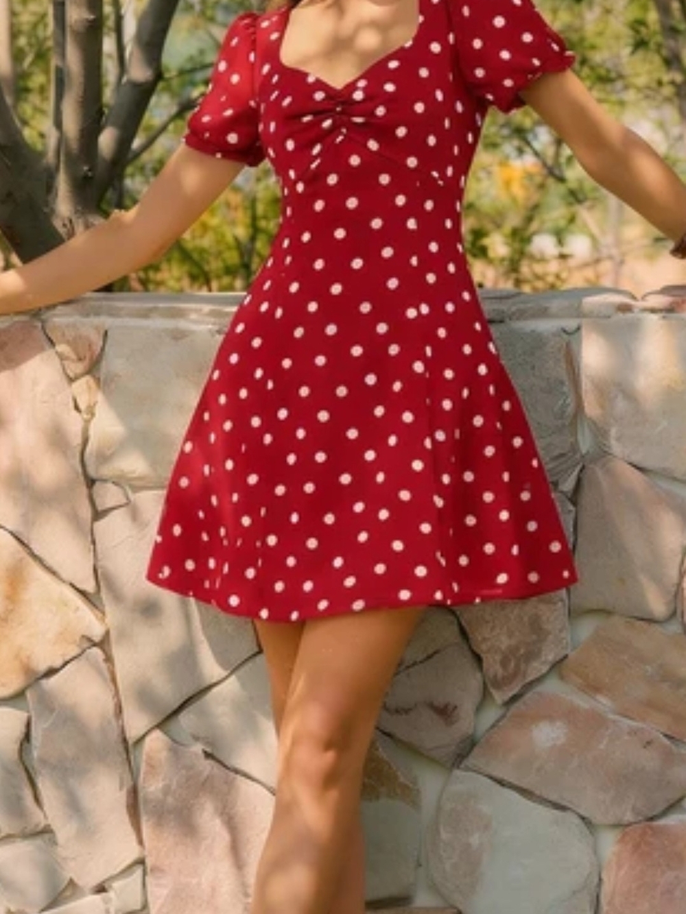 RIHOAS Red Polka Dot Mini Dress with Puff Sleeves